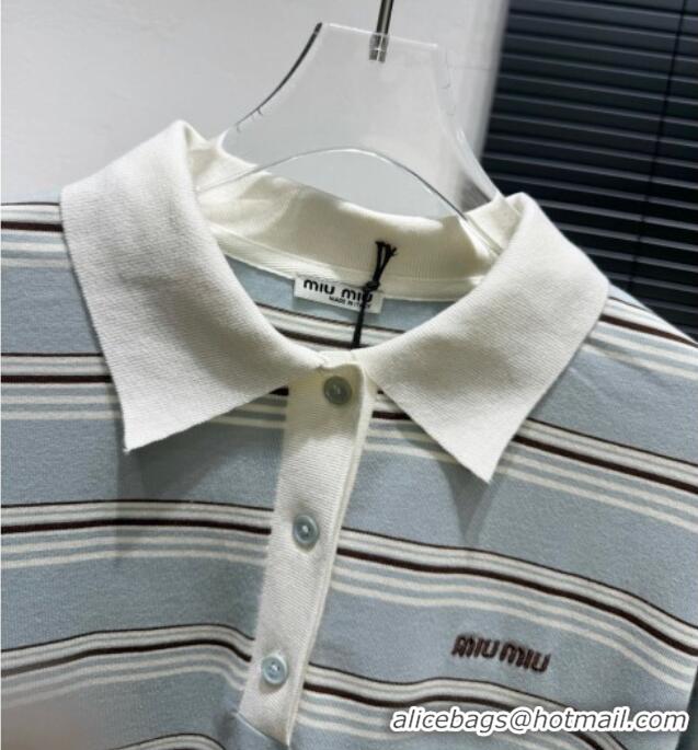 Buy Cheapest Miu Miu Striped Polo Shirt 0814 Dusty Blue 2025