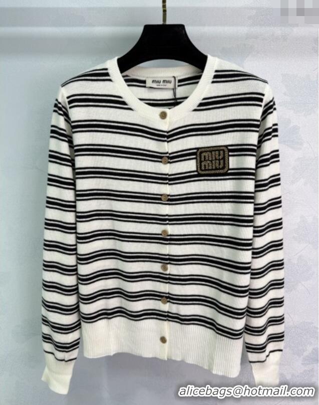 Best Quality Miu Miu Wool Striped Cardigan 0813 White 2025