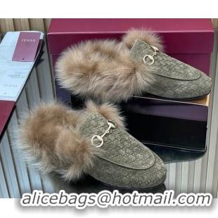 Stylish Gucci Jordaan GG Suede and Wool Flat Slipper with Horsebit Green 2025 GG102003 1020055