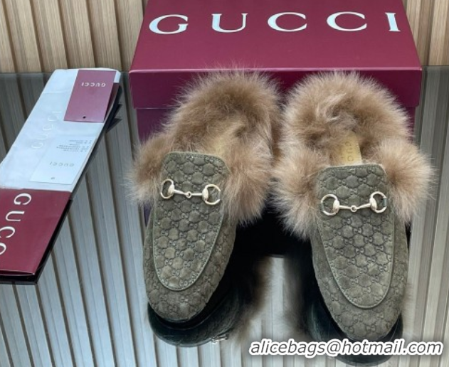 Stylish Gucci Jordaan GG Suede and Wool Flat Slipper with Horsebit Green 2025 GG102003 1020055