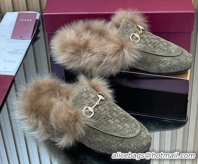 Stylish Gucci Jordaan GG Suede and Wool Flat Slipper with Horsebit Green 2025 GG102003 1020055