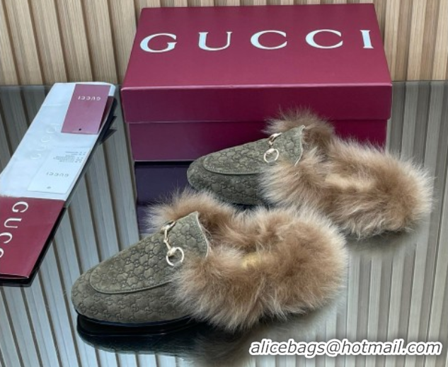 Stylish Gucci Jordaan GG Suede and Wool Flat Slipper with Horsebit Green 2025 GG102003 1020055