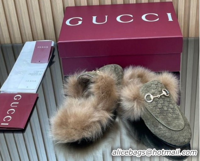 Stylish Gucci Jordaan GG Suede and Wool Flat Slipper with Horsebit Green 2025 GG102003 1020055