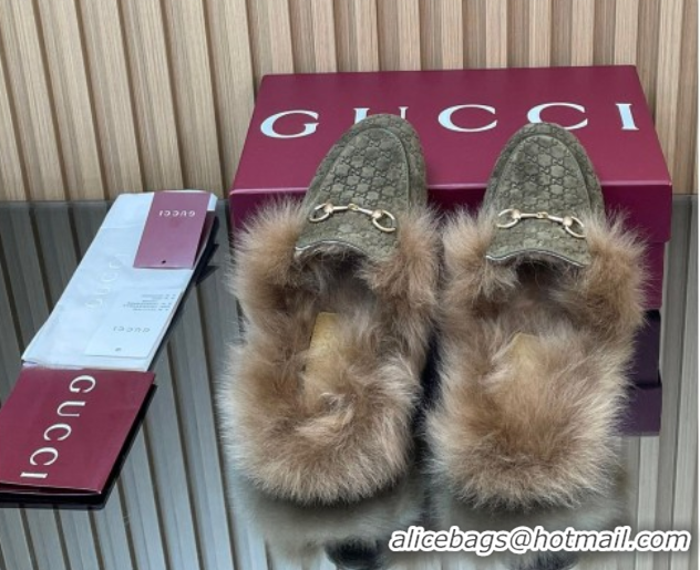 Stylish Gucci Jordaan GG Suede and Wool Flat Slipper with Horsebit Green 2025 GG102003 1020055