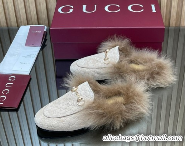 Sumptuous Gucci Jordaan GG Suede and Wool Flat Slippers with Horsebit Pale Grey 2025 GG102003 1020057