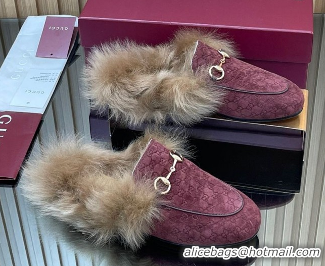 Unique Style Gucci Jordaan GG Suede and Wool Flat Slipper with Horsebit Burgundy 2025 GG102003 1020059