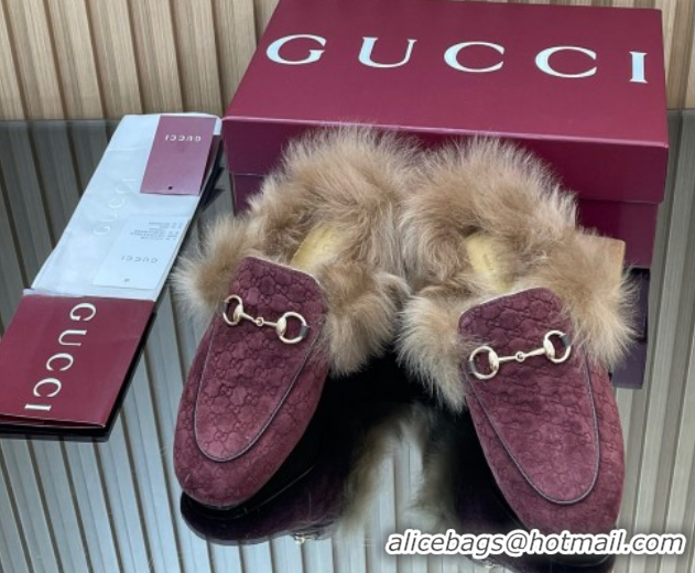 Unique Style Gucci Jordaan GG Suede and Wool Flat Slipper with Horsebit Burgundy 2025 GG102003 1020059