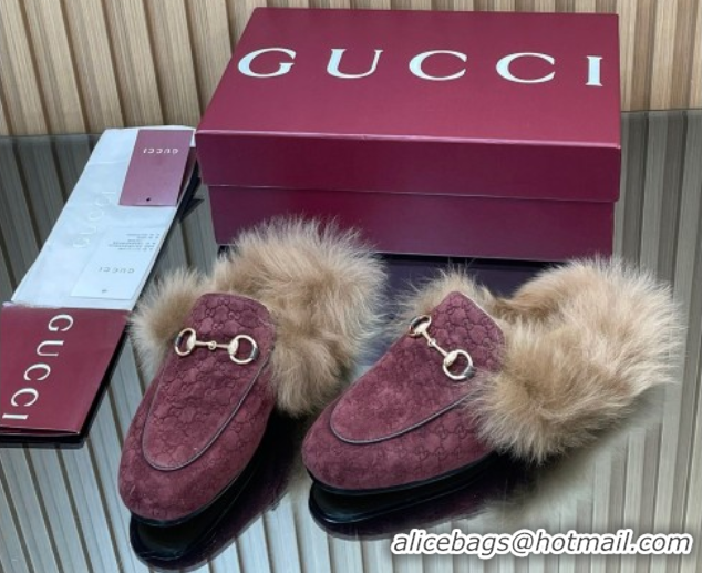 Unique Style Gucci Jordaan GG Suede and Wool Flat Slipper with Horsebit Burgundy 2025 GG102003 1020059