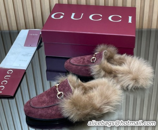 Unique Style Gucci Jordaan GG Suede and Wool Flat Slipper with Horsebit Burgundy 2025 GG102003 1020059
