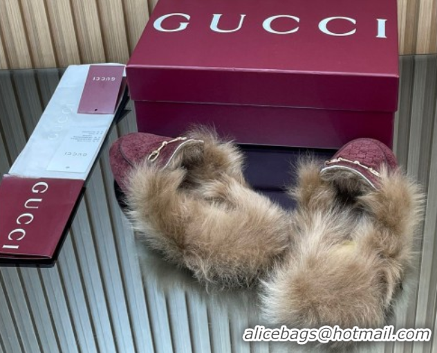 Unique Style Gucci Jordaan GG Suede and Wool Flat Slipper with Horsebit Burgundy 2025 GG102003 1020059
