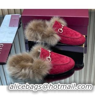Duplicate Gucci Jordaan GG Suede and Wool Flat Slipper with Horsebit Red 2025 GG102003 1020060
