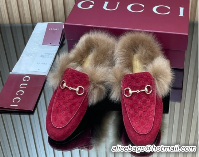 Duplicate Gucci Jordaan GG Suede and Wool Flat Slipper with Horsebit Red 2025 GG102003 1020060
