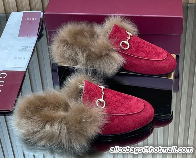 Duplicate Gucci Jordaan GG Suede and Wool Flat Slipper with Horsebit Red 2025 GG102003 1020060