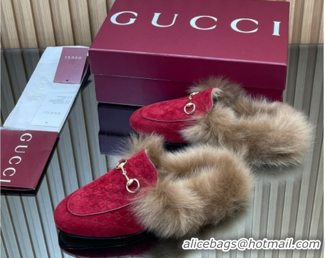 Duplicate Gucci Jordaan GG Suede and Wool Flat Slipper with Horsebit Red 2025 GG102003 1020060