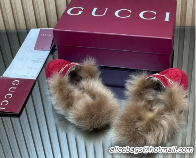 Duplicate Gucci Jordaan GG Suede and Wool Flat Slipper with Horsebit Red 2025 GG102003 1020060