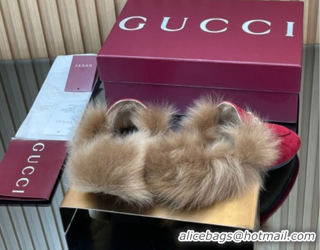 Duplicate Gucci Jordaan GG Suede and Wool Flat Slipper with Horsebit Red 2025 GG102003 1020060