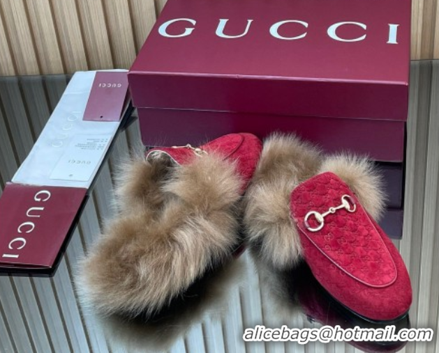 Duplicate Gucci Jordaan GG Suede and Wool Flat Slipper with Horsebit Red 2025 GG102003 1020060