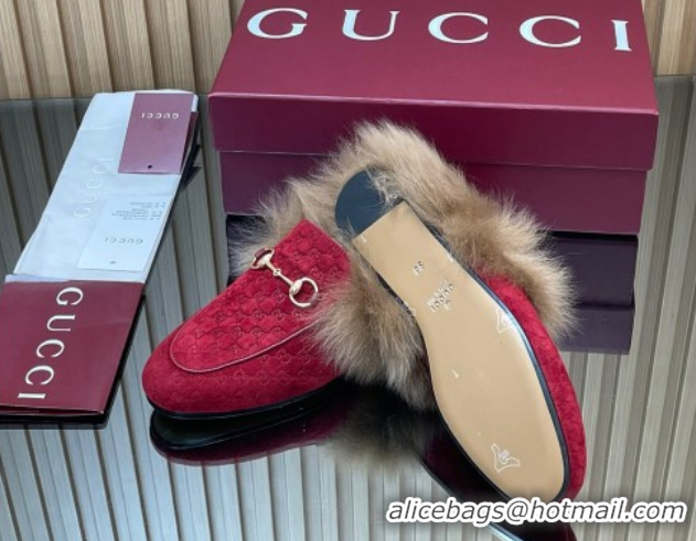 Duplicate Gucci Jordaan GG Suede and Wool Flat Slipper with Horsebit Red 2025 GG102003 1020060