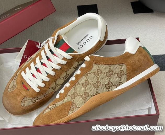 Good Product Gucci Washed-Effect GG Canvas and Leather Sneakers Beige/Brown 1021001