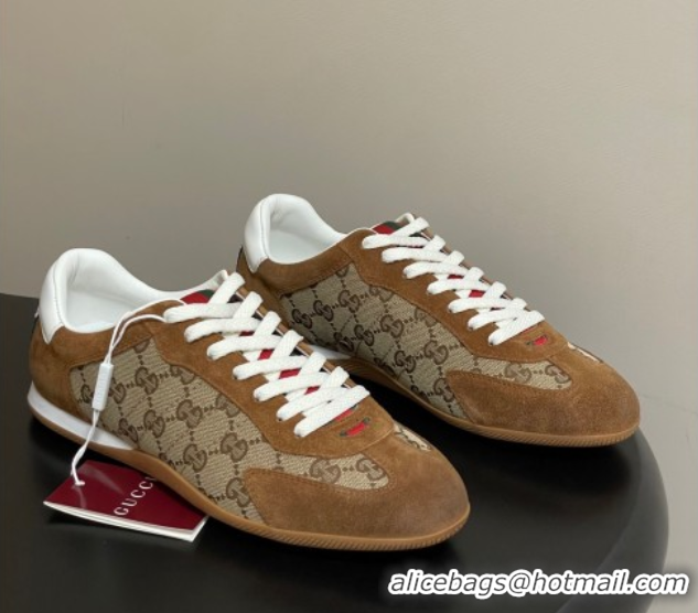 Good Product Gucci Washed-Effect GG Canvas and Leather Sneakers Beige/Brown 1021001