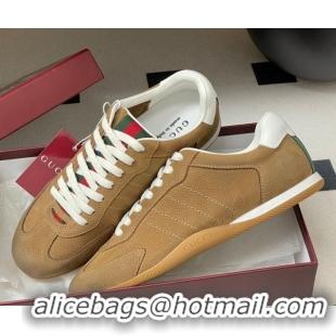 Stylish Gucci Washed-Effect Grained Leather Sneakers Brown 1021005