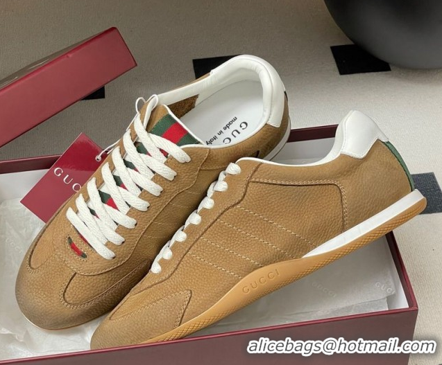 Stylish Gucci Washed-Effect Grained Leather Sneakers Brown 1021005