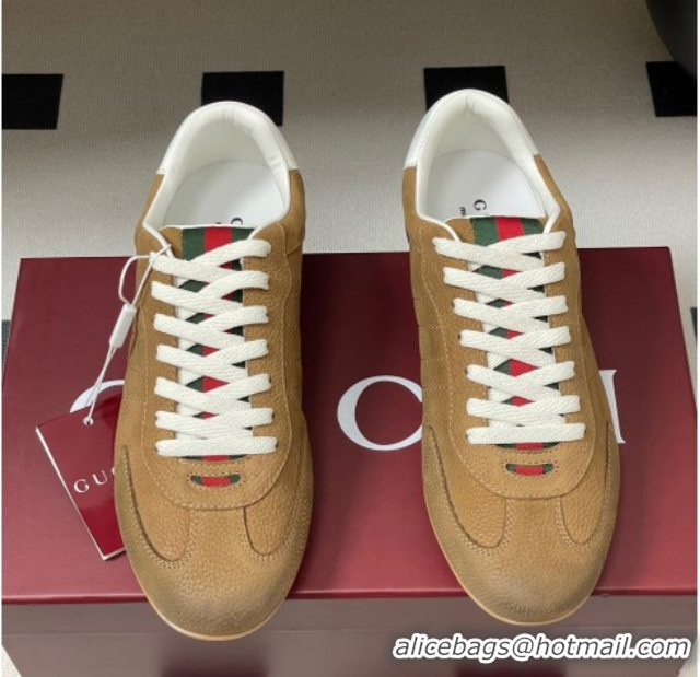 Stylish Gucci Washed-Effect Grained Leather Sneakers Brown 1021005