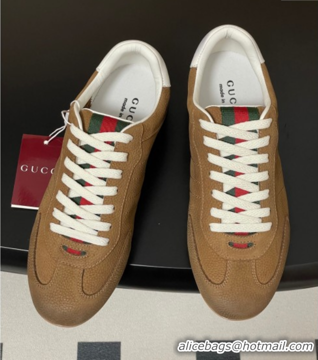 Stylish Gucci Washed-Effect Grained Leather Sneakers Brown 1021005