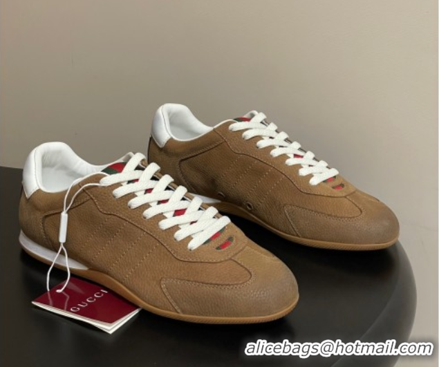 Stylish Gucci Washed-Effect Grained Leather Sneakers Brown 1021005