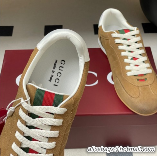 Stylish Gucci Washed-Effect Grained Leather Sneakers Brown 1021005