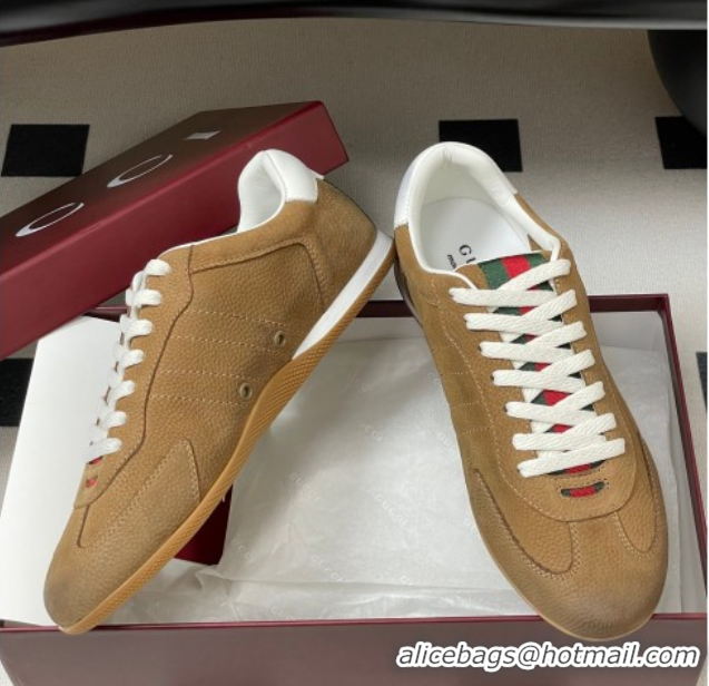 Stylish Gucci Washed-Effect Grained Leather Sneakers Brown 1021005