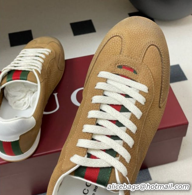 Stylish Gucci Washed-Effect Grained Leather Sneakers Brown 1021005