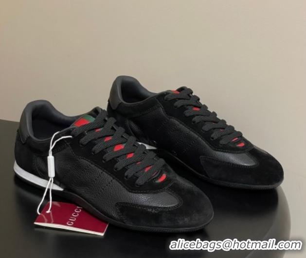 Unique Style Gucci Suede and Grained Leather Sneakers Black 1021008