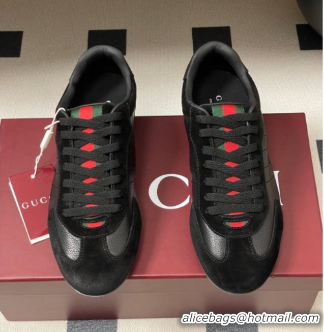 Unique Style Gucci Suede and Grained Leather Sneakers Black 1021008