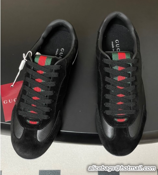 Unique Style Gucci Suede and Grained Leather Sneakers Black 1021008