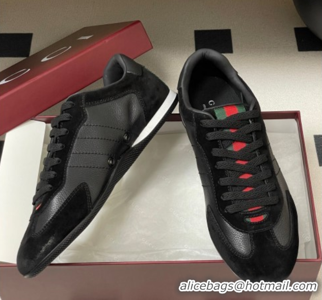 Unique Style Gucci Suede and Grained Leather Sneakers Black 1021008