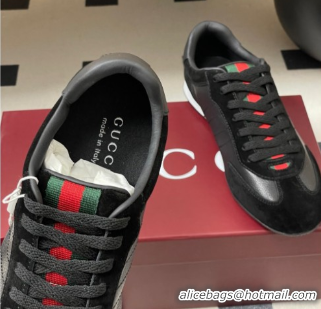 Unique Style Gucci Suede and Grained Leather Sneakers Black 1021008
