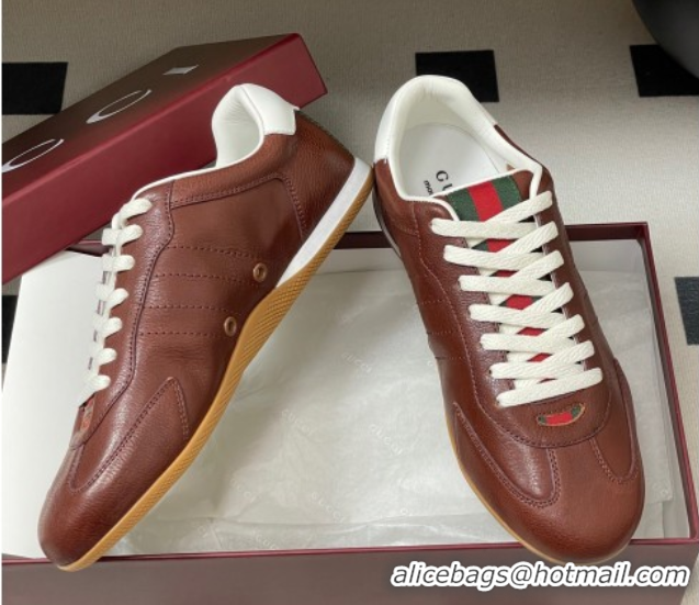 Top Grade Gucci Calf Leather Sneakers Dark Brown 1021009