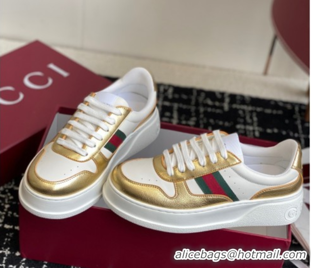 Charming Gucci Chunky Platform Sneakers 5cm in Leather White/Gold 1021011