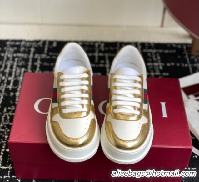 Charming Gucci Chunky Platform Sneakers 5cm in Leather White/Gold 1021011