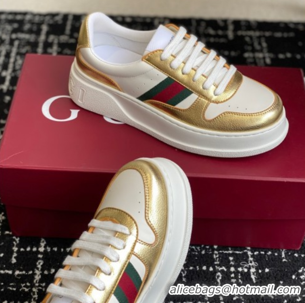 Charming Gucci Chunky Platform Sneakers 5cm in Leather White/Gold 1021011