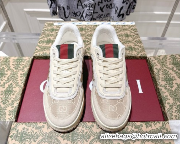 Luxury Cheap Gucci Re-Web Sneakers in GG Nylon and Suede Beige 1021018