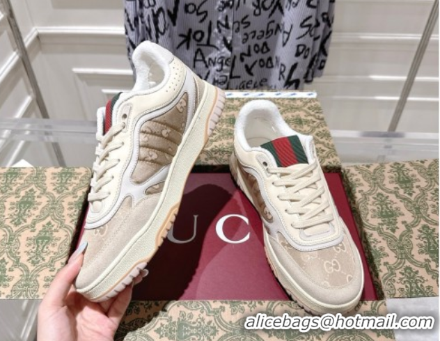 Luxury Cheap Gucci Re-Web Sneakers in GG Nylon and Suede Beige 1021018