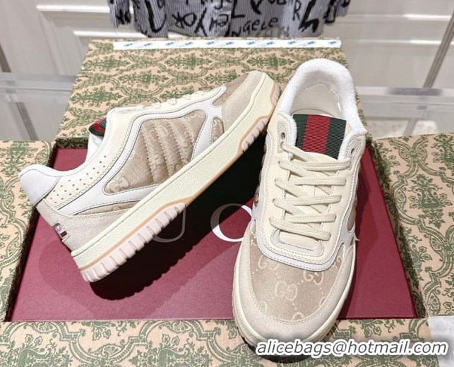 Luxury Cheap Gucci Re-Web Sneakers in GG Nylon and Suede Beige 1021018