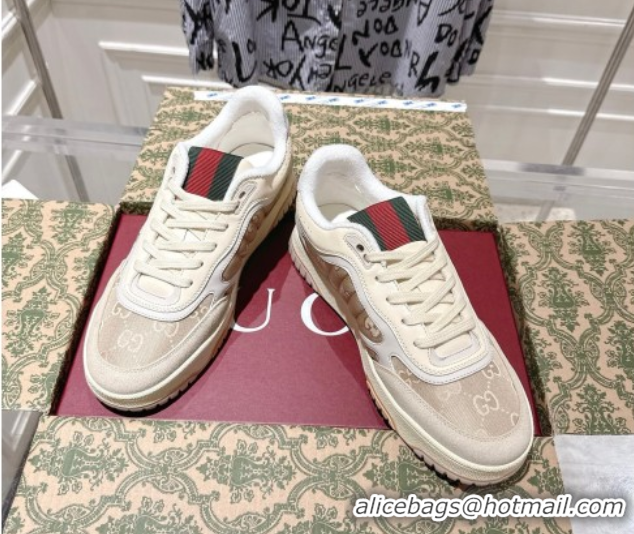 Luxury Cheap Gucci Re-Web Sneakers in GG Nylon and Suede Beige 1021018