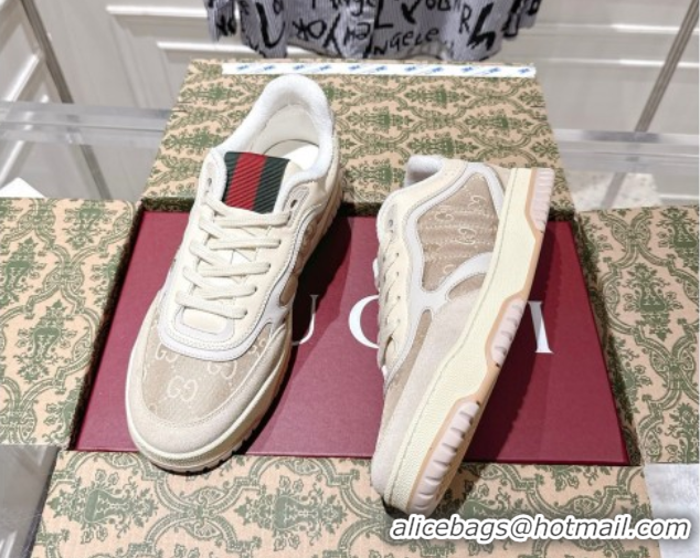 Luxury Cheap Gucci Re-Web Sneakers in GG Nylon and Suede Beige 1021018