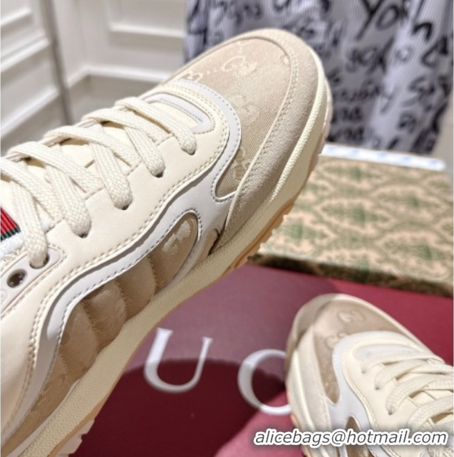 Luxury Cheap Gucci Re-Web Sneakers in GG Nylon and Suede Beige 1021018