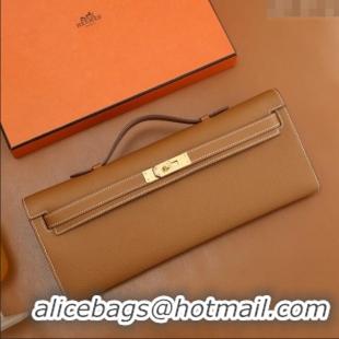 Top Quality Hermes Kelly Cut Clutch Bag in Original Epsom Leather H2101 Brown/Gold (Full Handmade)