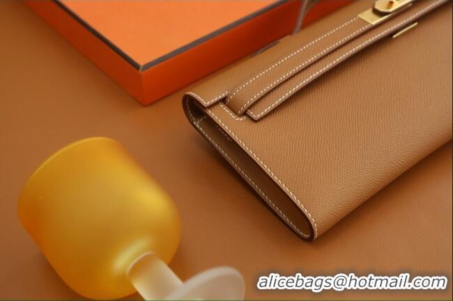 Top Quality Hermes Kelly Cut Clutch Bag in Original Epsom Leather H2101 Brown/Gold (Full Handmade)