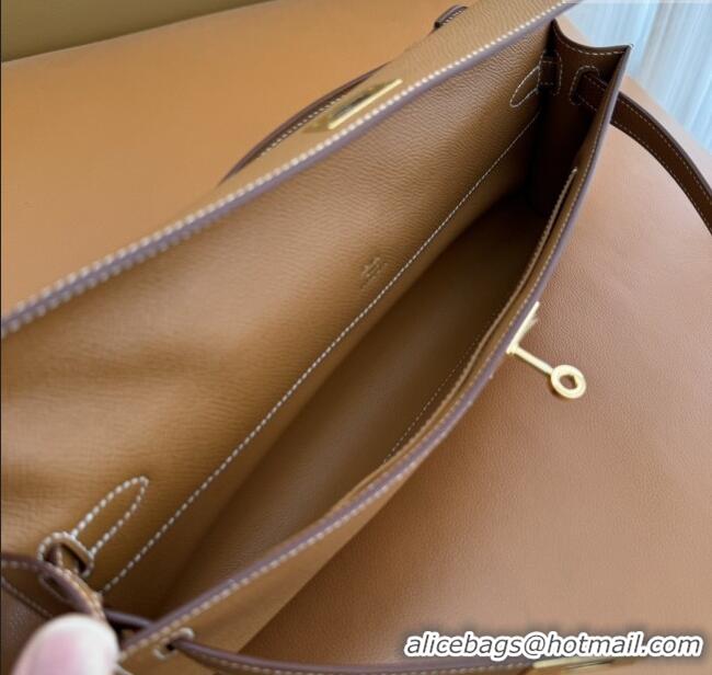 Top Quality Hermes Kelly Cut Clutch Bag in Original Epsom Leather H2101 Brown/Gold (Full Handmade)